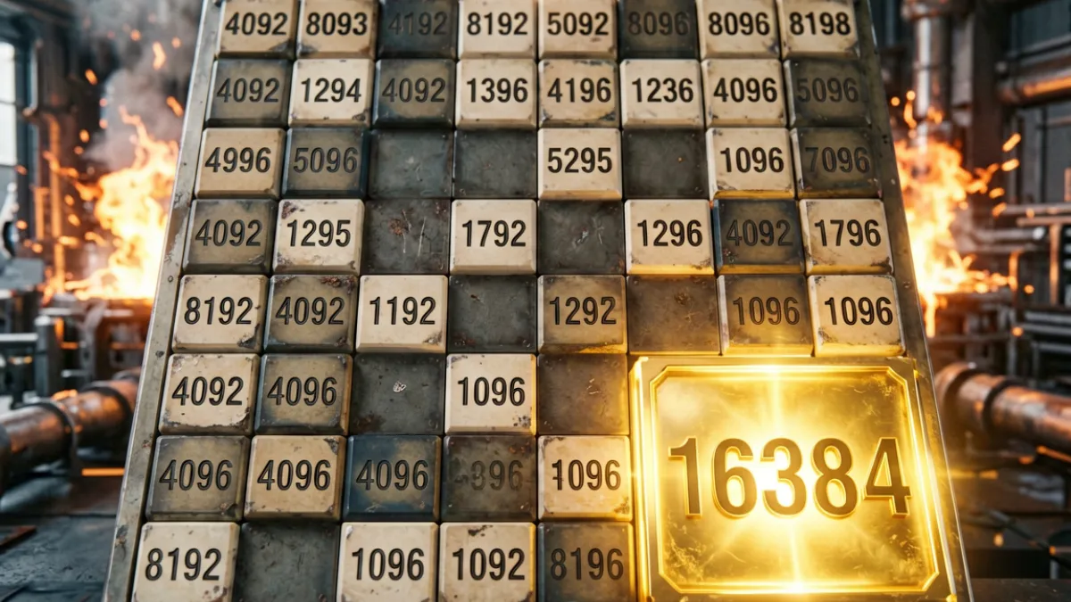 2048核基地聚变期高难关卡截图，棋盘上出现16384大数字方块的罕见局面